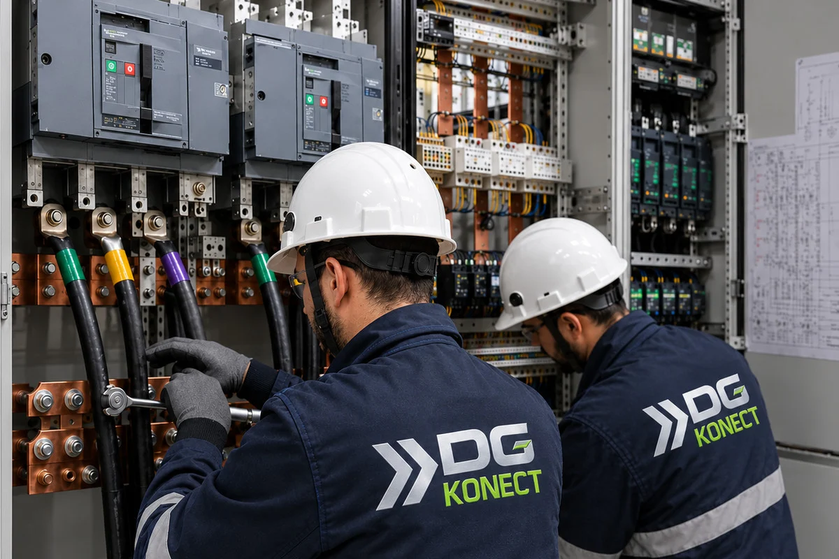 Techniciens DG Konect en intervention sur une armoire électrique