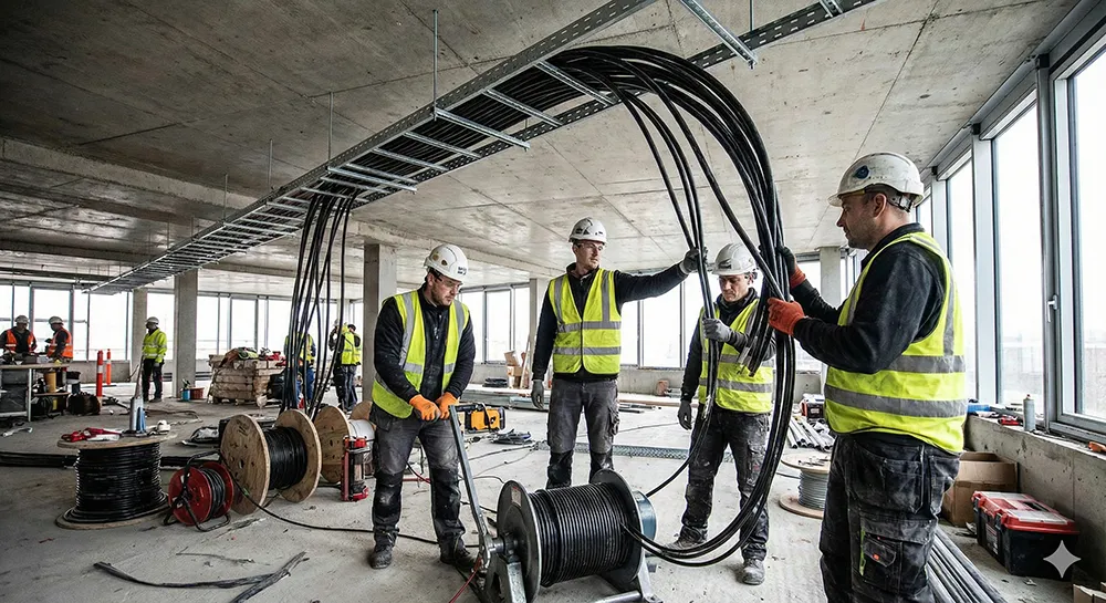 Équipe DG Cables tirant des câbles depuis des tourets sur un chantier