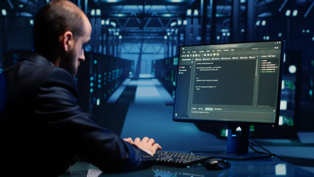 Technicien DG Cables en intervention dans une salle serveurs de datacenter