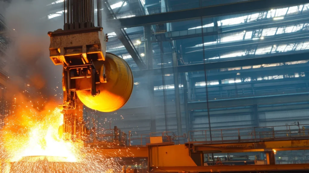 Coulée d'acier en fusion dans une aciérie